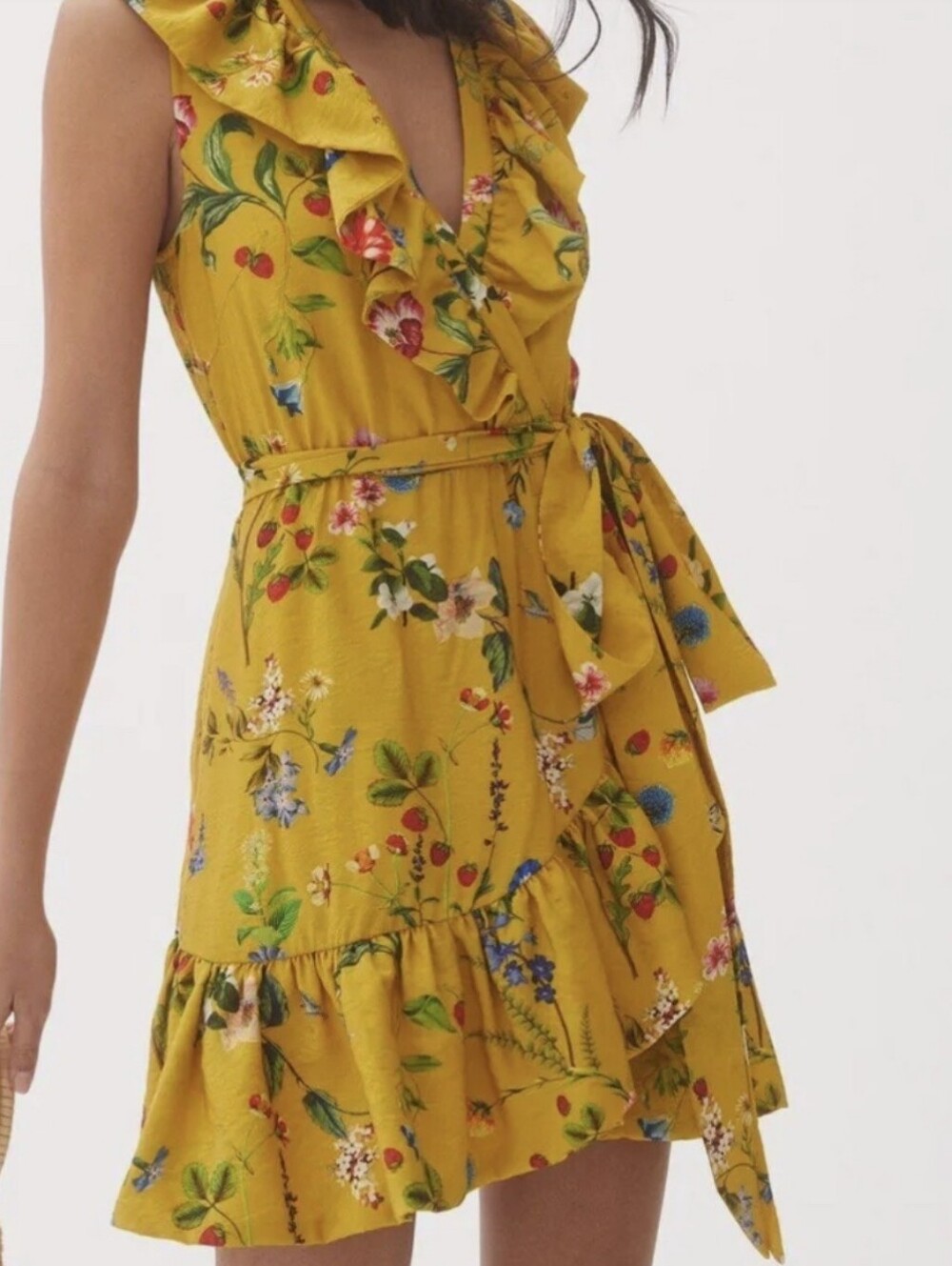 MAEVE By Anthropologie Mustard Yellow Floral Ruffle Wrap Mini Dress